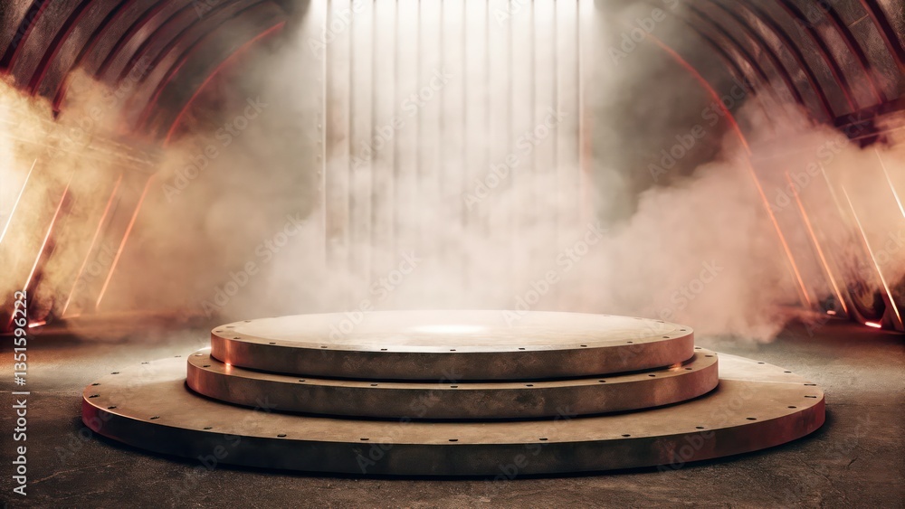 Fototapete an empty round stage illuminated with dramatic lighting and fog, creating a mysterious atmosphere. t