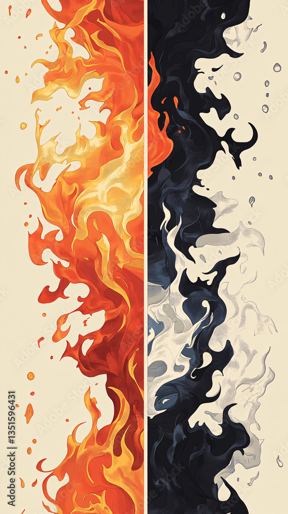 Wall mural abstract vertical illustration of intertwined fire and water elements with flowing motion and high c