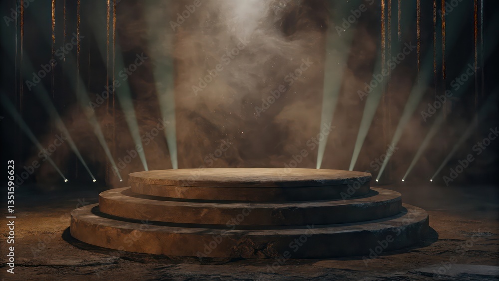 Poster a stone podium illuminated by spotlights, ready for a presentation or product showcase, perfect for 