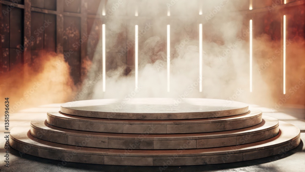 Poster an empty stage with vertical lights and fog effects