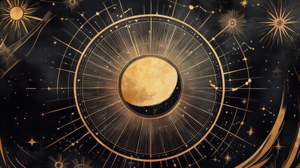 Celestial map illustration featuring moon sun constellations and stars