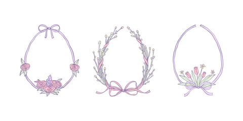 Set of hand drawn spring flowers wreath. Easter hand drawn floral frame in pastel colors. Whimsical coquettish border. Egg hunt design element. Cute aesthetic bow. Boho florist