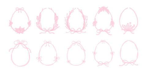 Easter cute line hand drawn doodle ribbon frames with bows. Willow, tulip, springflowers wreath. Greeting card, invitation template, happy celebration handwritting concept. Pencil scribble