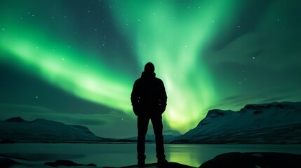 Fototapeta premium A silhouette of a person standing under the aurora borealis.