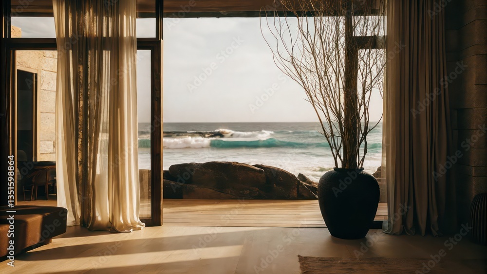 Poster a scenic indoor view with a glimpse of the ocean through an open window. the room features curtains 