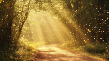 Obraz premium Magical Forest Path Radiating Sunlight