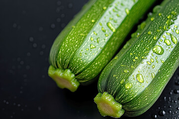 Fresh zucchini glistening with water drops on a black background for exquisite design inspiration