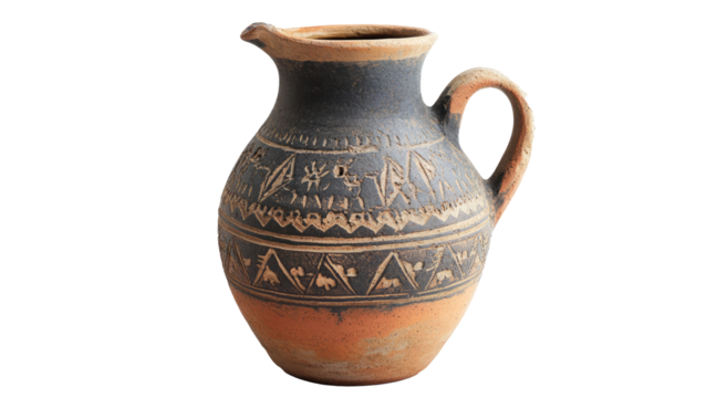 A small, decorative jug stands against a white background. The jug features a dark gray body with a light brown base and rim. It is adorned with intricate patterns around its circumference. The jug ha