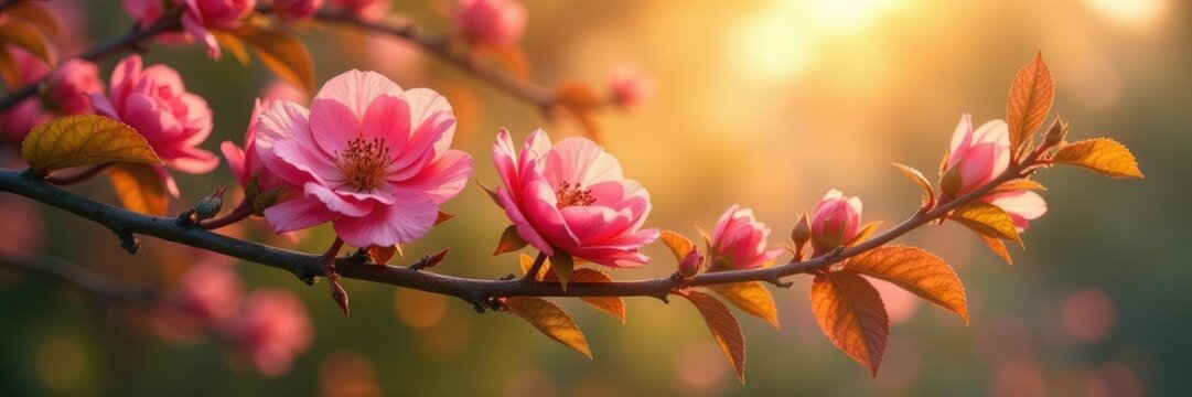 Les fleurs roses s'agitent dans les branches d'un arbre ensoleill? avec une lumi?re dor?e, floral, soleil