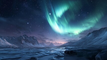 Fototapeta premium A stunning display of the aurora borealis over an icy landscape.