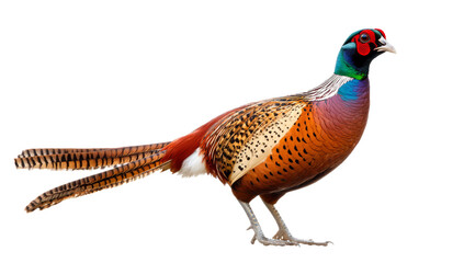 Fototapeta premium A male pheasant stands in profile against a plain white background. The pheasant has colorful plumage with speckled and striped patterns, and a long, pointed tail. It has a red, green, and blue head, 