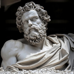 Naklejka premium Close-Up of Ancient Bearded Sculpture with Intense Eyes and Detailed Expression in Marble