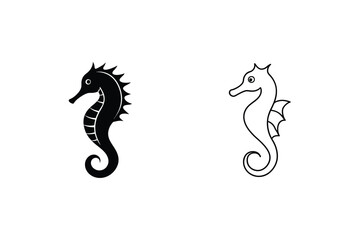 Two Seahorse Illustrations Black Silhouette and Outline Design