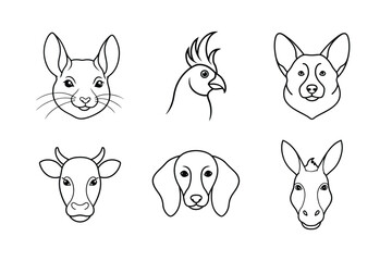 Various types of animal head line art vector illustrations