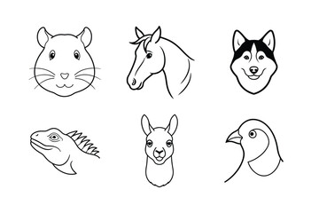 Various types of animal head line art vector illustrations