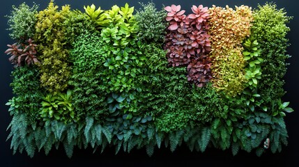 A diverse array of vibrant green plants arranged on a dark wall