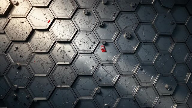 Metallic Hexagonal Surface with Embedded Components in Grey and Red with Textured Detail