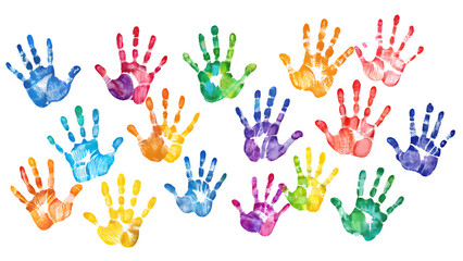 Fototapeta premium Colorful Handprints on Transparent Background – Multicolored Palm Prints PNG