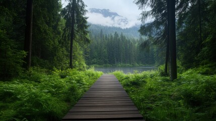 Obraz premium Tranquil Forest Pathway Leading to a Serene Mountain Lake Scene