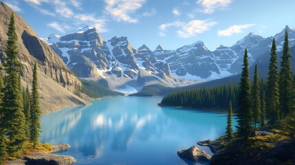 Moraine lake reflecting majestic canadian rockies on sunny day