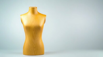 A light-brown wooden female dress form stands against a neutral backdrop.  Simple, elegant design