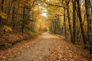 Obraz premium A leaf-covered pathway winds through the vibrant fall foliage of the golden woods.