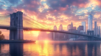 Printed kitchen splashbacks Brooklyn bridge and lower manhattan reflecting in east river at sunrise