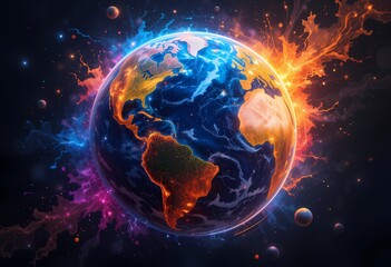 Abstract art depicting Earth engulfed in fire and ice.