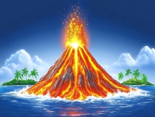 An erupting volcano on a tropical island surrounded by water and trees