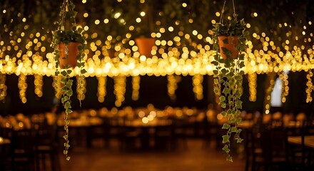 A sparkling fairy-lit background with hanging potted ivy, AI Generated