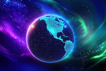Obraz premium A digital globe composed of shimmering particles in varying shades of blue, with the North American continent highlighted in bright cyan