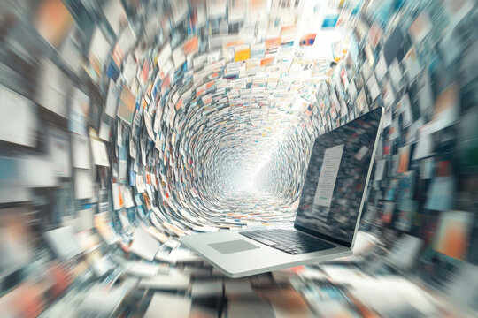 Laptop floating in endless tunnel of documents representing information overload