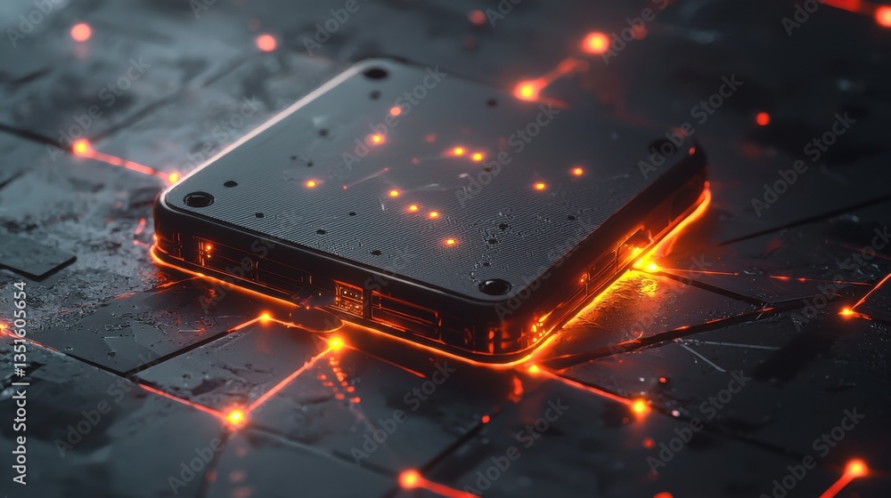 Poster futuristic technology device with glowing edges on dark surface in a modern digital environment