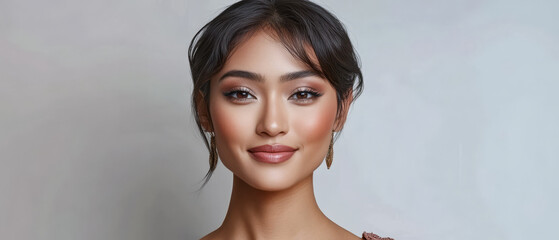 Portrait of a woman with elegant makeup in a soft backdrop during a photoshoot session