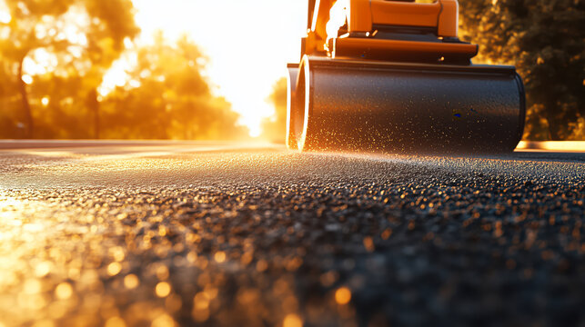 Road roller compacting asphalt on a freshly paved road in sunlight