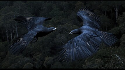 Two birds facing, flight, dark forest, dusk, wildlife