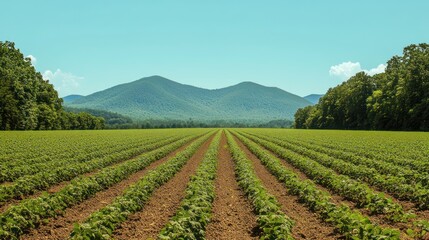 Rural Farmland Rows Stretch to Mountains