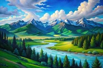Snow-Capped Mountains Landscape Painting, Green Hills, River, Blue Sky, Art Print, Wall Decor, Home Decor, Nature Scenery