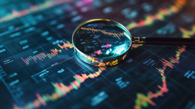 Magnifying glass analyzing stock market data on digital screen