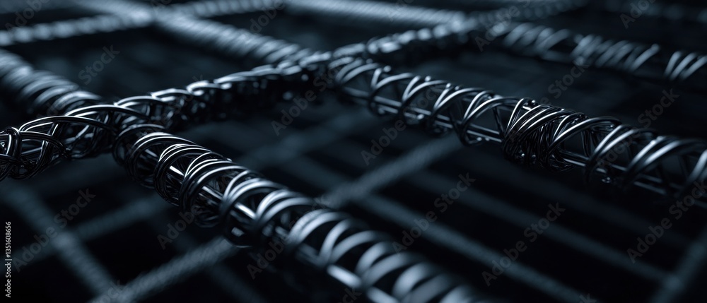 Poster close-up view of intricate black wire mesh pattern with curved design, highlighting texture and shad