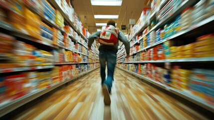 Grocery store aisle, person running, blurred products, frantic shopping