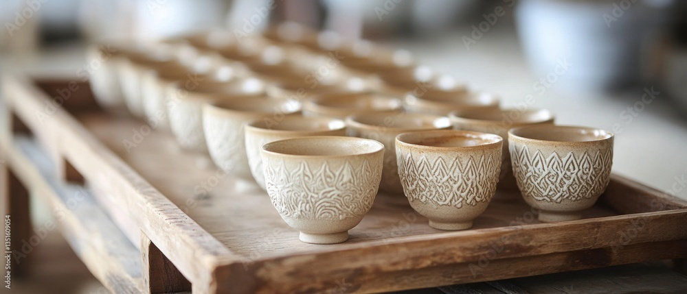 Poster elegant handcrafted ceramic cups with intricate patterns displayed on a wooden tray in a tasteful wo