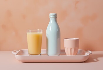 Glass of juice, milk bottle, and mug on a pink tray.