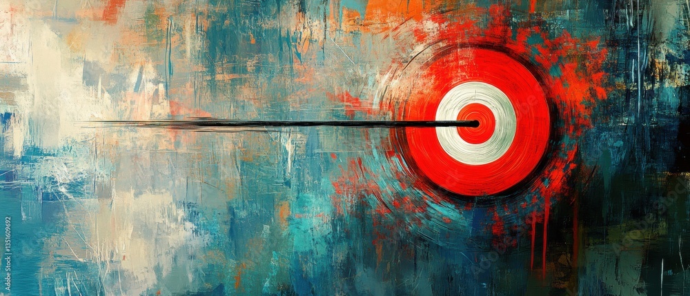 Aufkleber abstract artwork featuring bright red target with dynamic brush strokes in vivid blue and orange bac