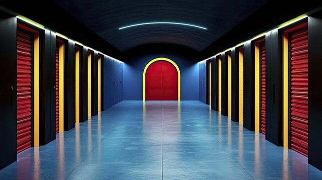 Design an expansive data storage layout featuring neon red sections, clearly marked for effortless access and comprehension.