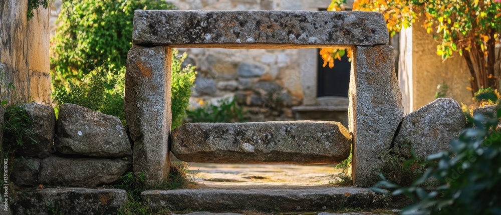 Poster ancient stone gateway in a serene garden setting illuminated by sunlight showcasing rustic architect