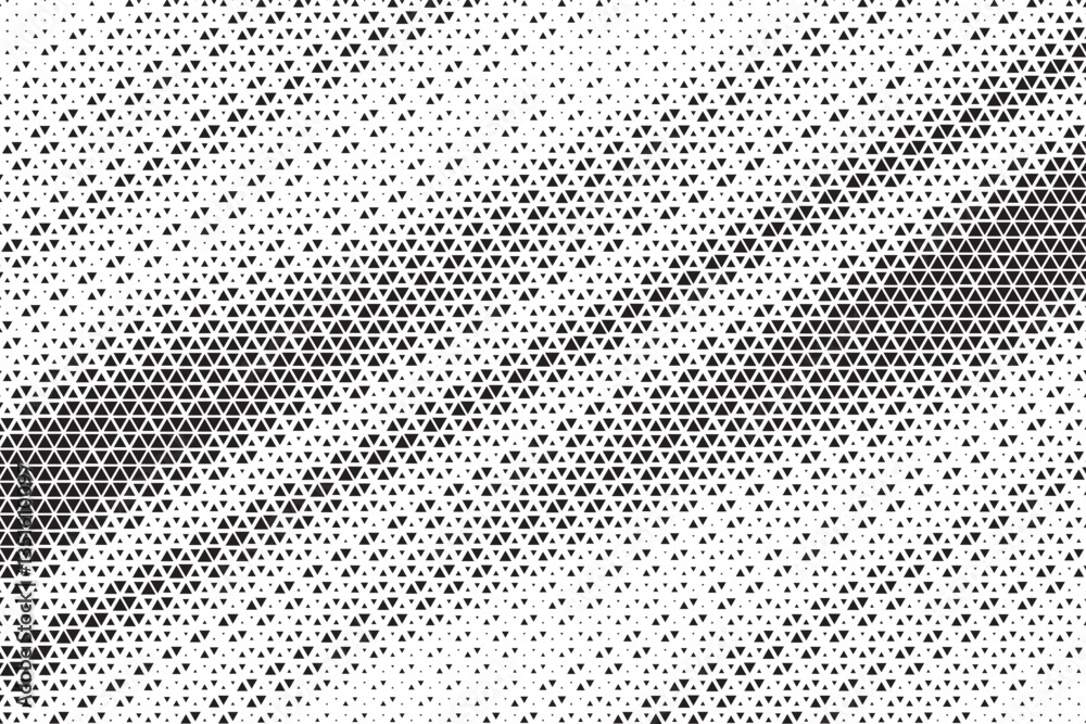 Poster Triangular halftone texture retro wave vector. Geometric technology abstract diagonal dotted background. Half tone triangles retro comic pattern. Minimal 80s style dynamic tech structure wallpaper.