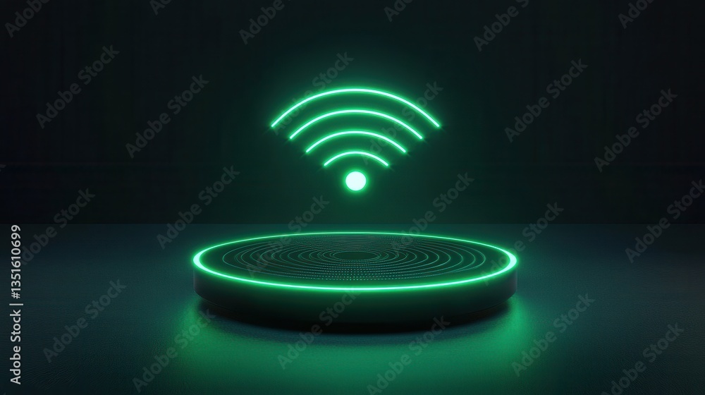 Poster neon green wireless signal icon above circular base in darkened setting for technology visuals