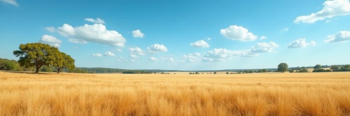 Obraz premium Expansive, dry field; distant trees under cloudless blue, image, nature, field