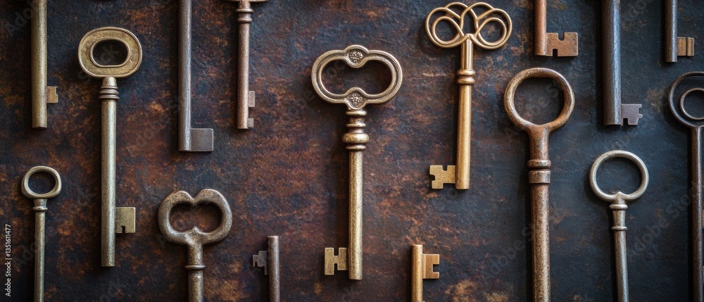 Poster vintage keys displayed on rustic surface highlighting intricate designs and unique shapes for home d